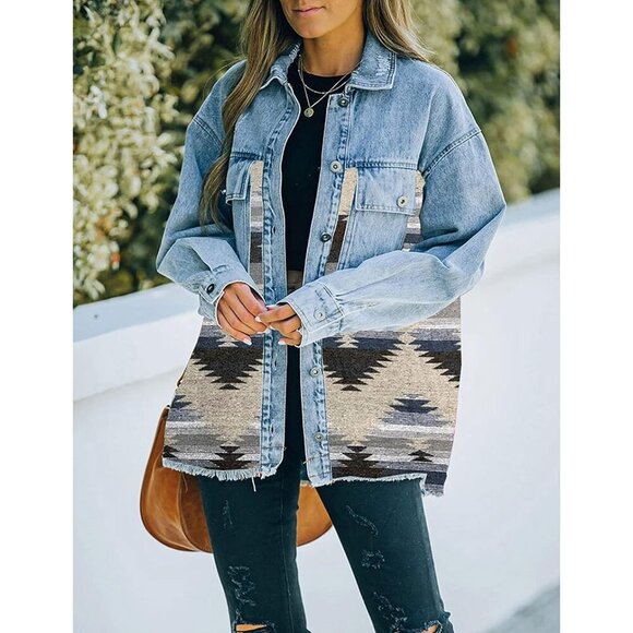 Women's Aztec Denim Jacket Distressed Long Sleeve Button Down Shacket - Picture 4 of 7